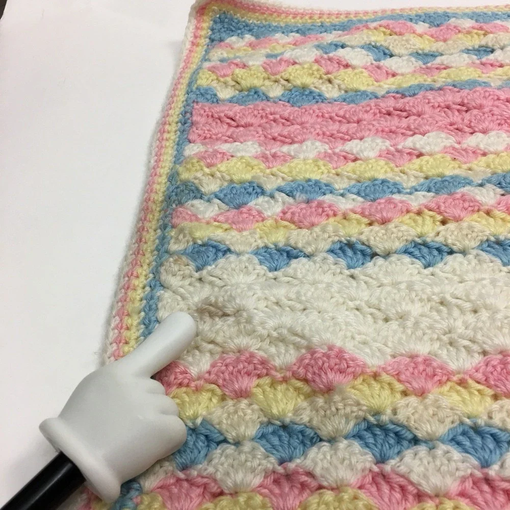 Pastel White Yellow Blue Pink Baby Blanket Lap Afghan Crocheted 35‎ x 44 inches